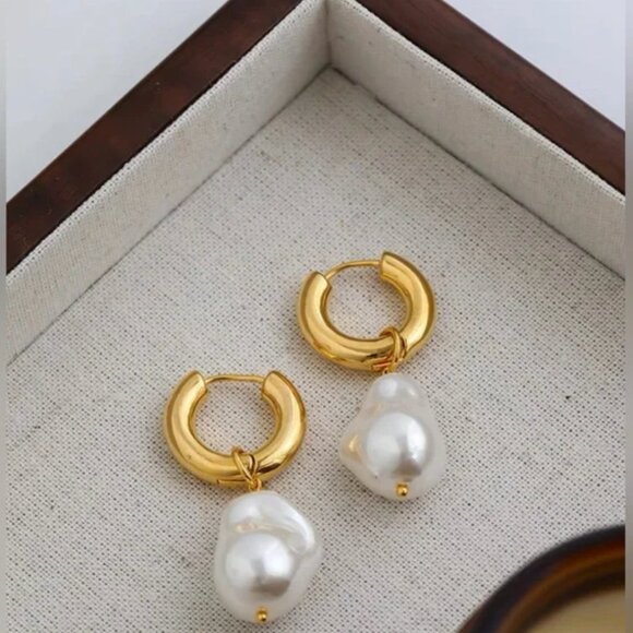 Gold Pearl Drop Earrings - Picture 4 of 8